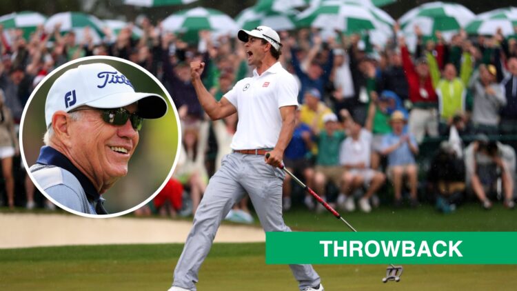 Adam Scott celebrates winning the 2013 Masters, inset of Butch Harmon