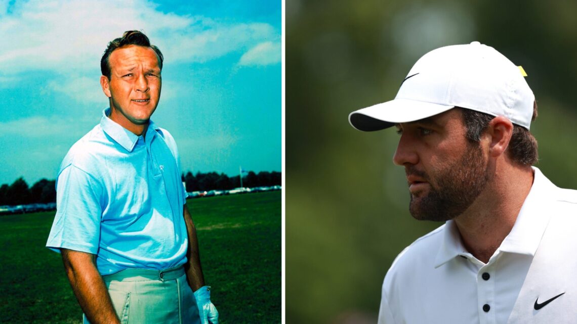 A portrait of Arnold Palmer after he won The Masters / Scottie Scheffler at The Memorial Tournament