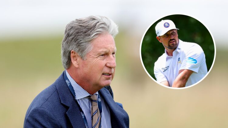 Brandel Chamblee at The Open at Royal Troon in 2024 / Bryson DeChambeau of the United States lines up his shot from the second tee during the third...