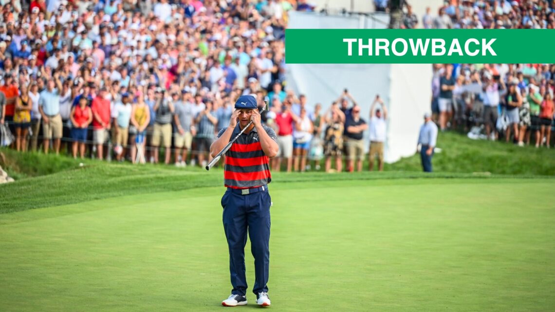 Bryson DeChambeau reacts to missing a putt in the playoff at the 2021 BMW Championship