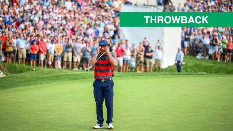 Bryson DeChambeau reacts to missing a putt in the playoff at the 2021 BMW Championship