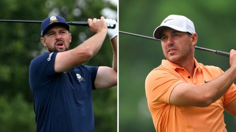 Bryson DeChambeau hits a tee shot with driver at LIV Golf UK / Brooks Koepka in action during the 2024 PGA Championship