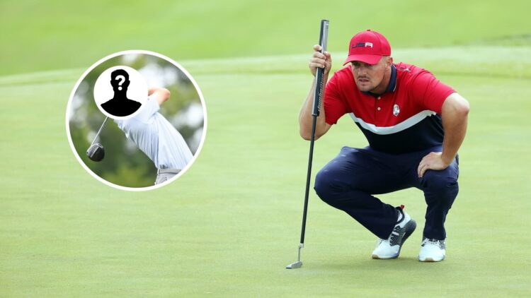 Bryson DeChambeau at the 2021 Ryder Cup, inset of Cameron Young