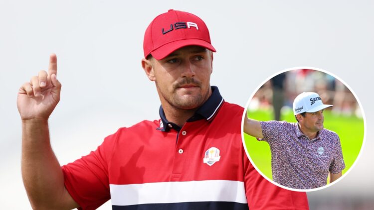 Bryson DeChambeau in action at the 2021 Ryder Cup, inset of Keegan Bradley