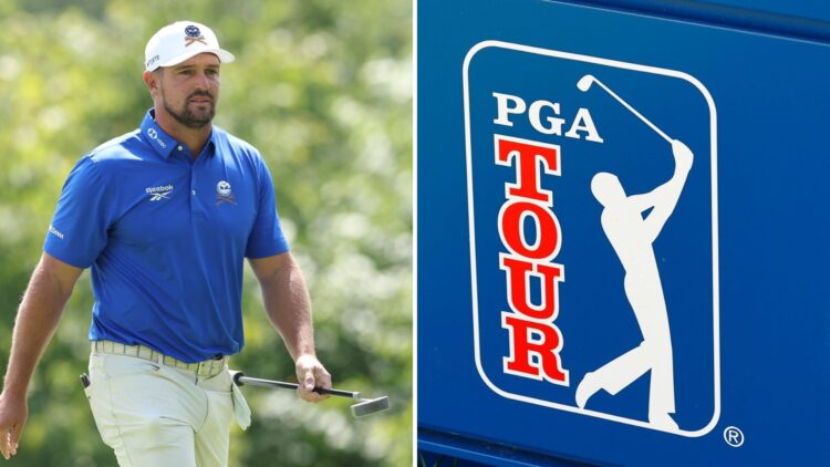 Split image of Bryson DeChambeau playing at LIV Golf UK 2025 (L) and a general view of the PGA Tour logo (R)