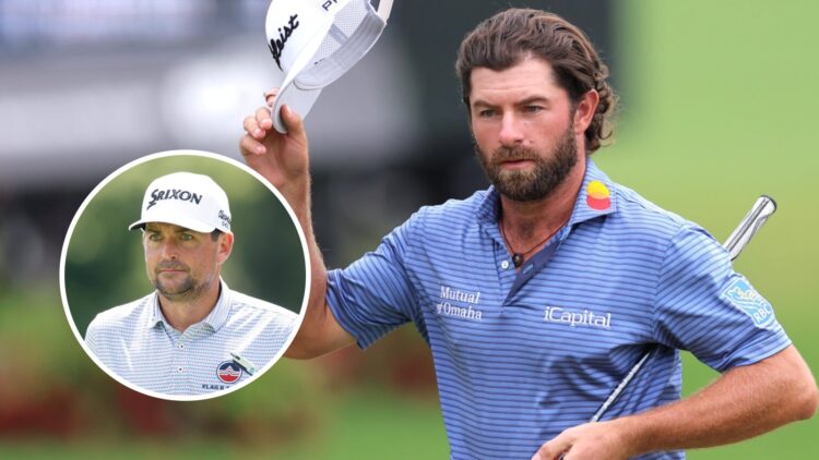 Cameron Young tips his cap to the crowd at the Tour Championship. Inset, Keegan Bradley.