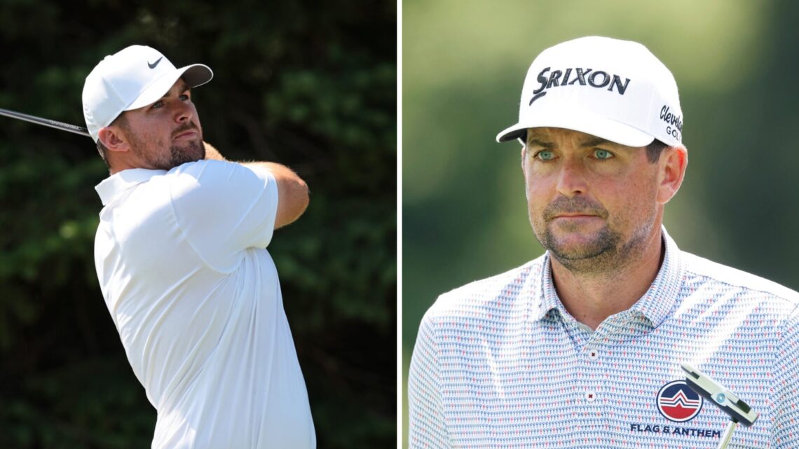 Chris Gotterup hits a tee shot during the final round of the 3M Open / Keegan Bradley during a practice round at the Wyndham Championship