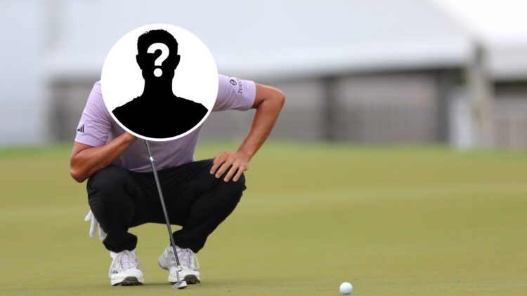 Collin Morikawa lines up a putt at the 2025 Tour Championship, inset mystery player