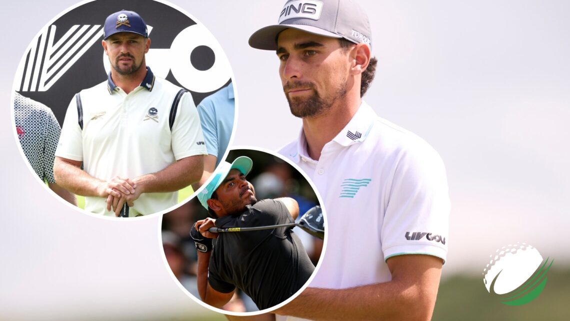 Joaquin Niemann playing golf in 2025 with overlays of both Bryson DeChambeau and Sebastian Munoz