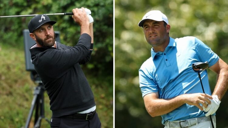 Dustin Johnson in action during LIV Golf Hong Kong / Scottie Scheffler hits a tee shot at the FedEx St Jude Championship