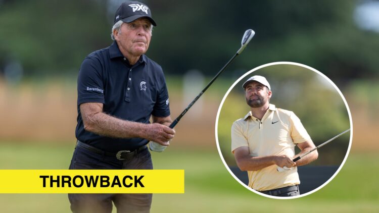 Gary Player in action during the Senior Open Championship Pro-Am in 2024 / Scottie Scheffler in action during round two of the Genesis Scottish Ope...