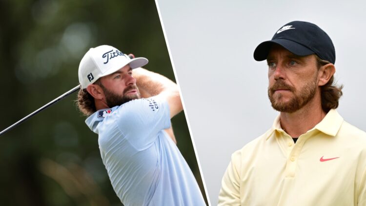 Cameron Young in action at the Travelers Championship / Tommy Fleetwood looks on during the The 153rd Open Championship at Royal Portrush