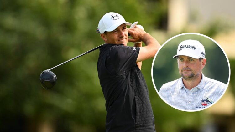 Jordan Spieth hits a tee shot at Memorial, inset of Keegan Bradley