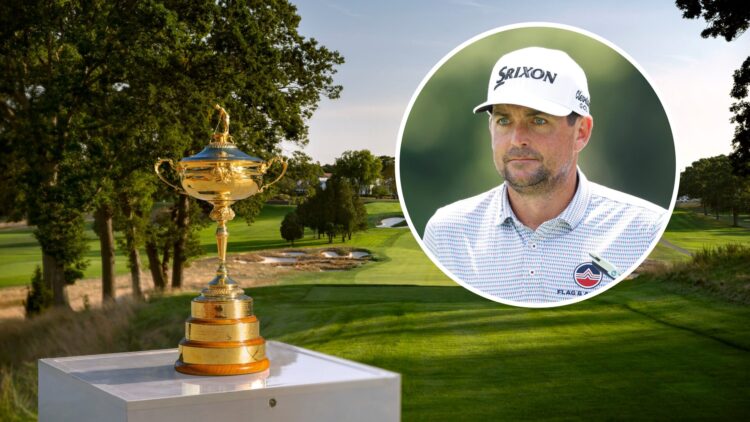 The Ryder Cup trophy is seen at the Bethpage Black Course ahead of the 2025 matchup between Team USA and Europe / Keegan Bradley during a practice ...