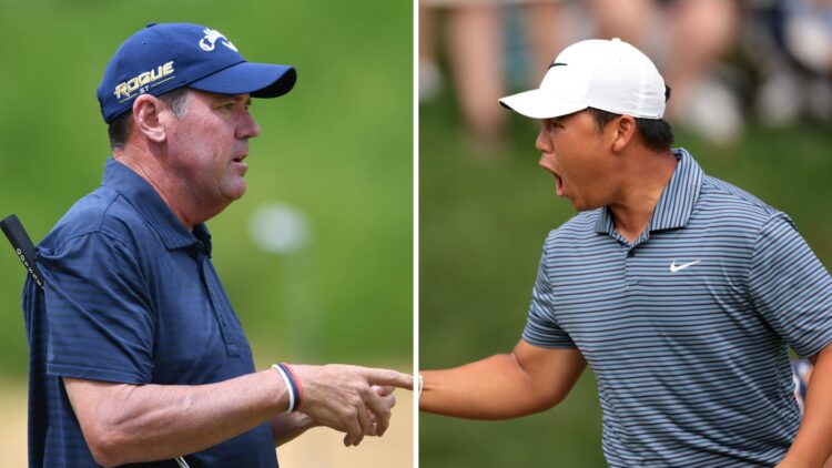 Rich Beem in action at The Senior Open Presented by Rolex at Gleneagles in 2022 / Tom Kim celebrates after holing a putt at the Travelers Championship