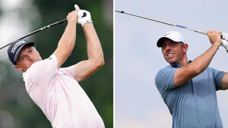 Jordan Spieth in action during round two of the Wyndham Championship at Sedgefield Country Club / Rory McIlroy hits a tee shot during the final rou...