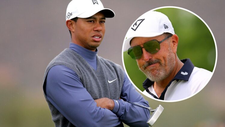 An image of Tiger Woods playing on the PGA Tour with an overlay of Phil Mickelson