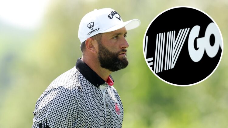 LIV Golf logo ahead of the event in Jeddah, Saudi Arabia in 2024 / John Rahm Of Legion XIII in action on day one of LIV Golf UK
