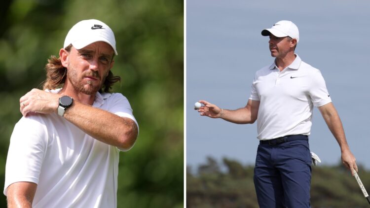 Tommy Fleetwood looks dejected during the final round of the Travelers Championship at TPC River Highlands / Rory McIlroy picks up ball during Gene...
