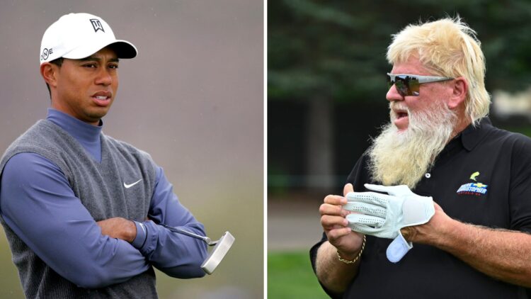 A split image of PGA Tour golfers Tiger Woods and John Daly