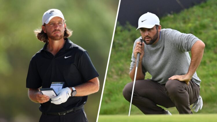 Tommy Fleetwood in action at the DP World Tour Championship 2024 / Scottie Scheffler lines up a putt on the final hole during the first round at Th...