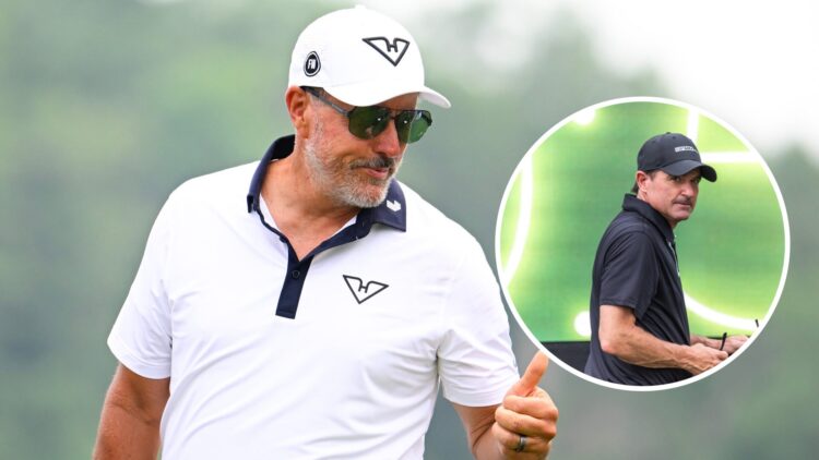 Phil Mickelson acknowledges the crowd at LIV Golf Virginia, inset of Scott O'Neil