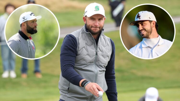 Dean Burmester image with insets of Jon Rahm and Jose Ballester