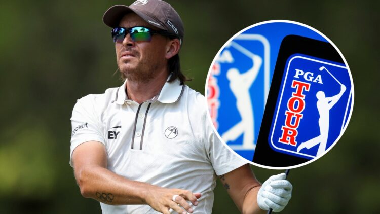 Rickie Fowler in action at the FedEx St Jude Championship with an overlay of the PGA Tour logo