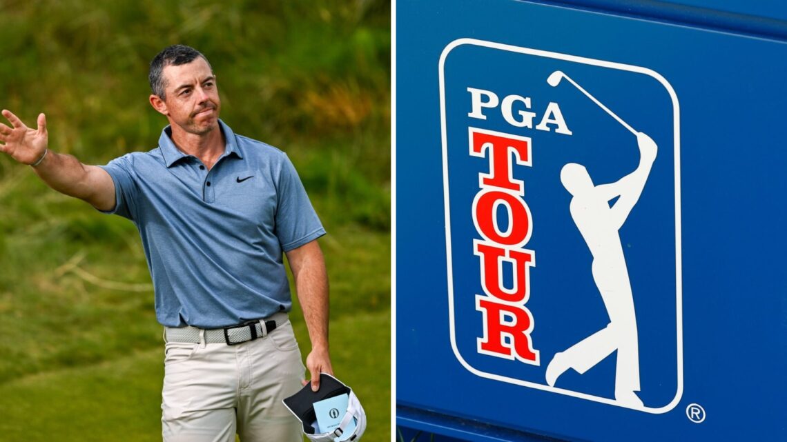 Rory McIlroy waves to the crowd at Royal Portrush / General view of PGA Tour logo
