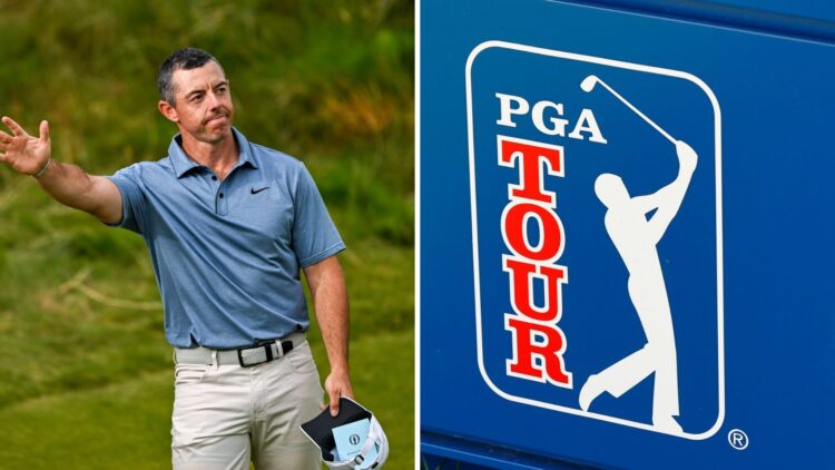 Rory McIlroy waves to the crowd at Royal Portrush / General view of PGA Tour logo