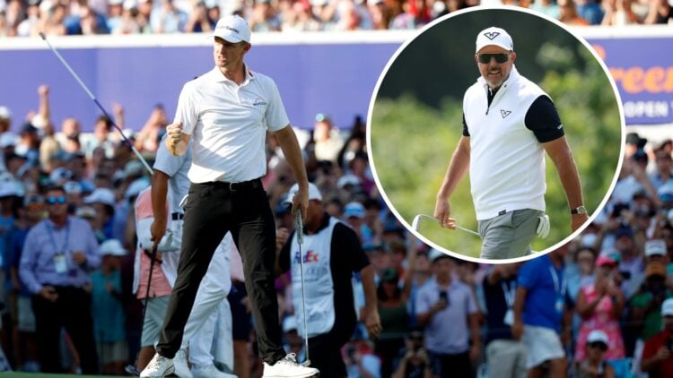 Justin Rose celebrates after winning the FedEx St. Jude Championship / Phil Mickelson in action during LIV Golf UK at the JCB Golf & Country Club