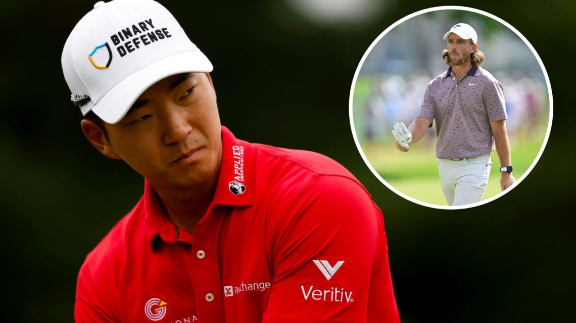 Michael Kim looks on after hitting a putt at the US Open / Tommy Fleetwood in action during the final round of the Travelers Championship