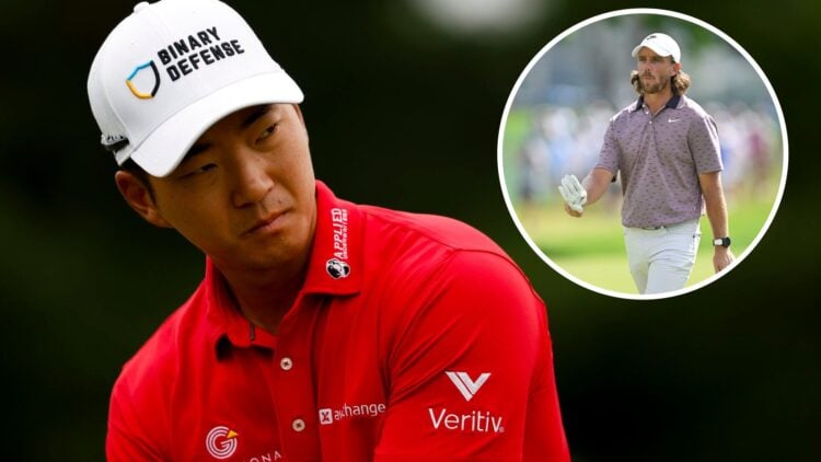 Michael Kim looks on after hitting a putt at the US Open / Tommy Fleetwood in action during the final round of the Travelers Championship