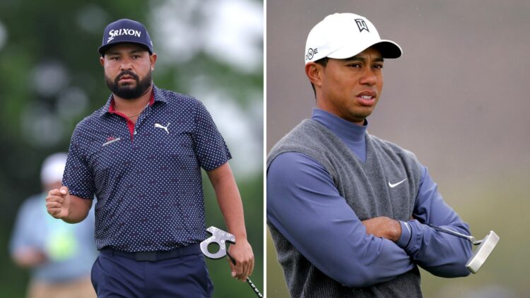 Split image of J.J. Spaun celebrating making a putt in the final round of the US Open (L) and Tiger Woods looking on during the WGC Accenture Match...