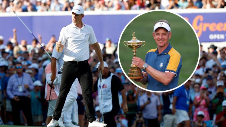 Justin Rose reacts to holing a putt in the FedEx St. Jude Championship playoff, inset of Luke Donald