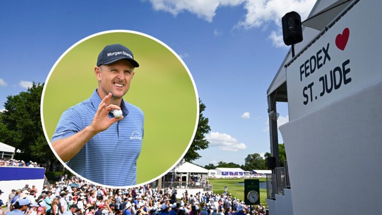 FedEx St. Jude logo pictured at TPC Southwind / Justin Rose celebrates on the 11th green during Day One of The Open Championship