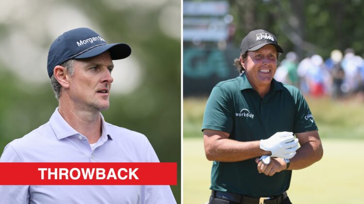 Split image of Justin Rose looking on at The Masters in 2025 (L) and Phil Mickelson smiling at the 2018 US Open (R), with a Throwback label