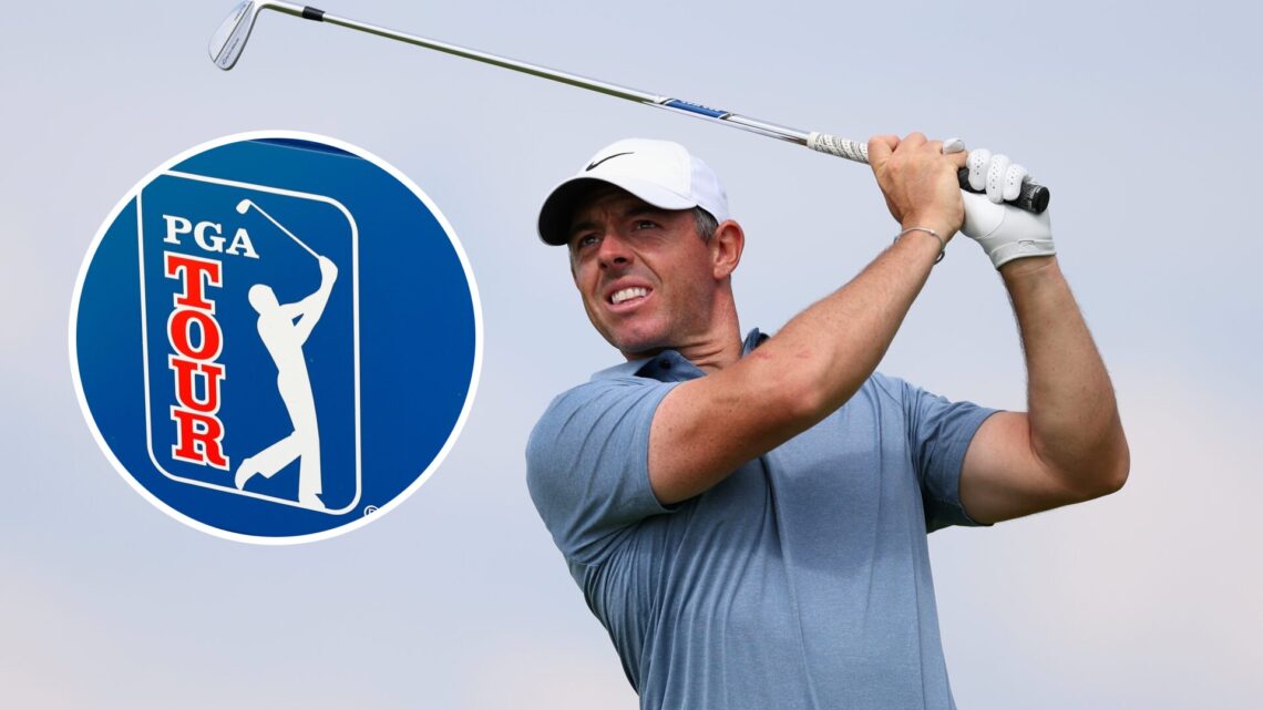 Rory McIlroy hits a shot during The Open Championship, inset of the PGA Tour logo