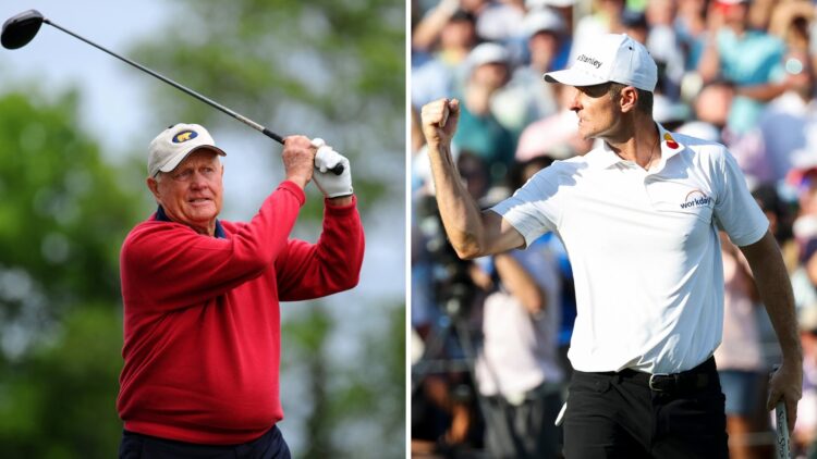 Jack Nicklaus in action during the Liberty Mutual Insurance Legends of Golf - Demaret Division / Justin Rose celebrates making a birdie in the play...