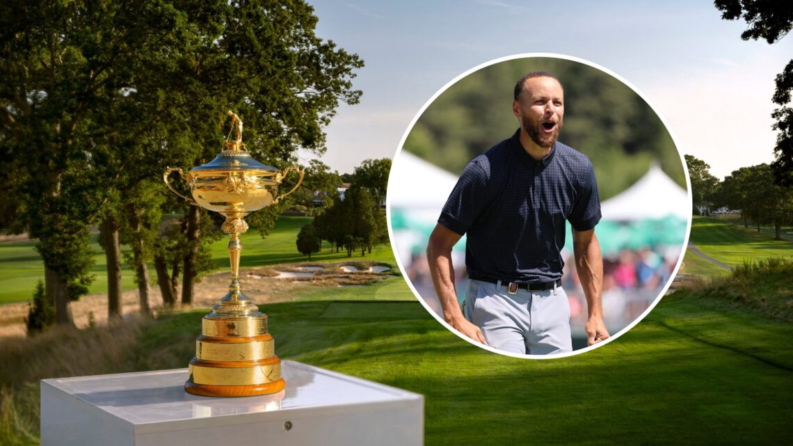 The Ryder Cup trophy sits at Bethpage Black, inset Steph Curry celebrates at the 2023 American Century Championship