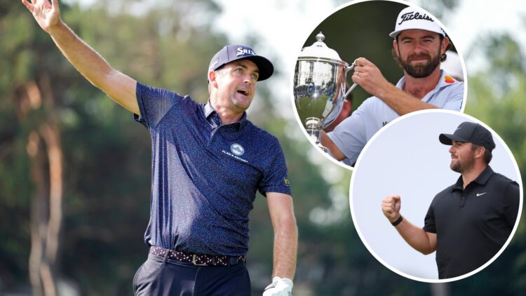 Keegan Bradley reacts after hitting his tee shot on the 17th hole during the first round of the Rocket Classic / Cameron Young lifts the Wyndham Ch...