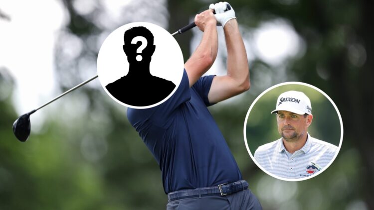 Patrick Cantlay hits a tee shot at the Rocket Classic, inset of Keegan Bradley