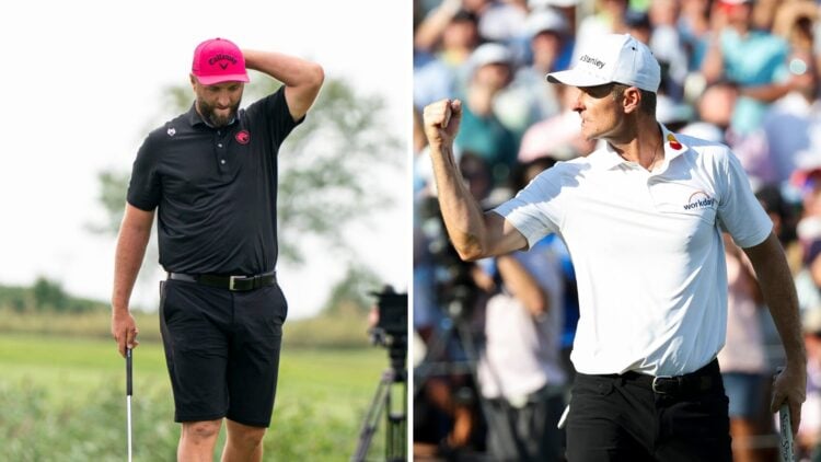 Split image of Jon Rahm reacting at LIV Golf Chicago (L) and Justin Rose celebrating at the 2025 FedEx St. Jude Championship (R)