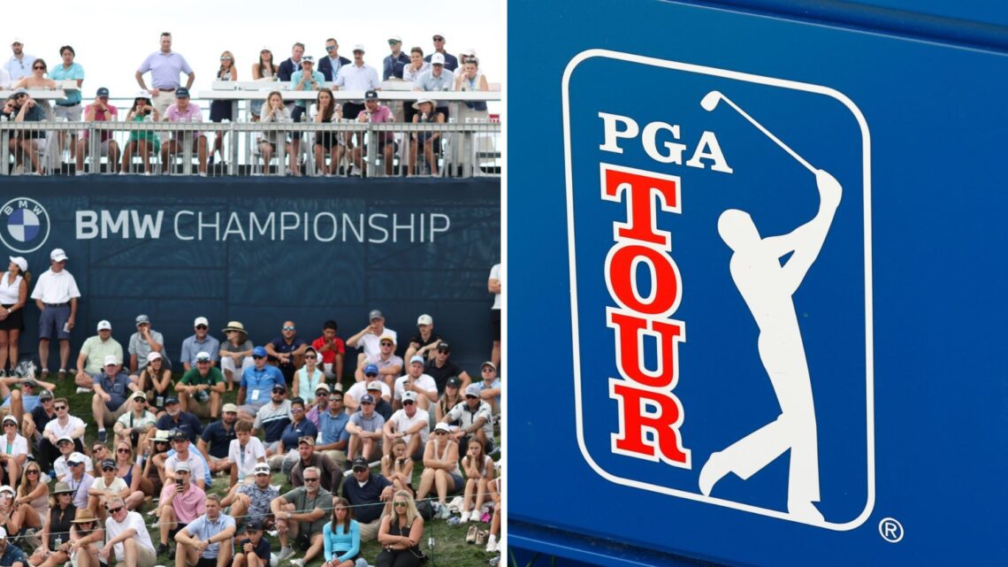 Split image of fans attending the 2024 BMW Championship (L) and a general view of the PGA Tour logo (R)