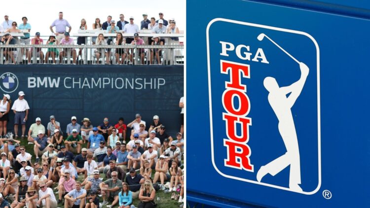 Split image of fans attending the 2024 BMW Championship (L) and a general view of the PGA Tour logo (R)