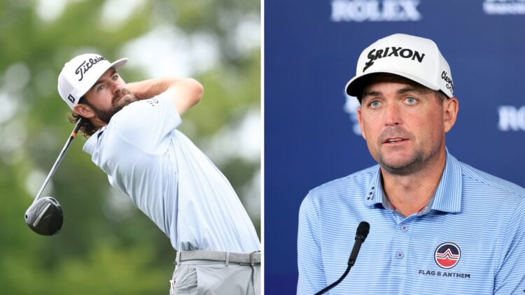 Cameron Young hits his tee shot during the final round of the Wyndham Championship at Sedgefield / Keegan Bradley speaking to the media at the PGA ...