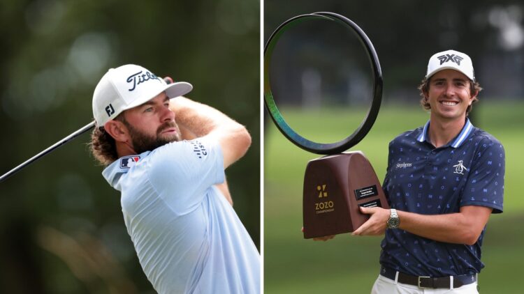 Nico Echavarria after winning the Zozo Championship 2024 / Cameron Young in action at the Travelers Championship in 2024