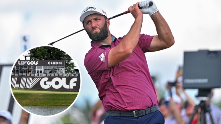 Jon Rahm tees off at LIV Golf Dallas, inset of LIV Golf logo