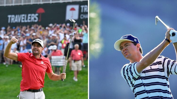 Keegan Bradley celebrates after winning the Travelers Championship / Davis Love III in action at the World Match-Play Championships at the La Costa...