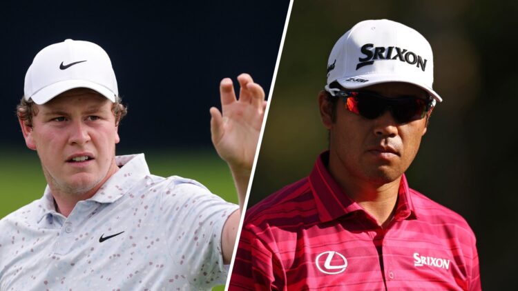 A split image of Robert MacIntyre and Hideki Matsuyama both playing golf in 2025